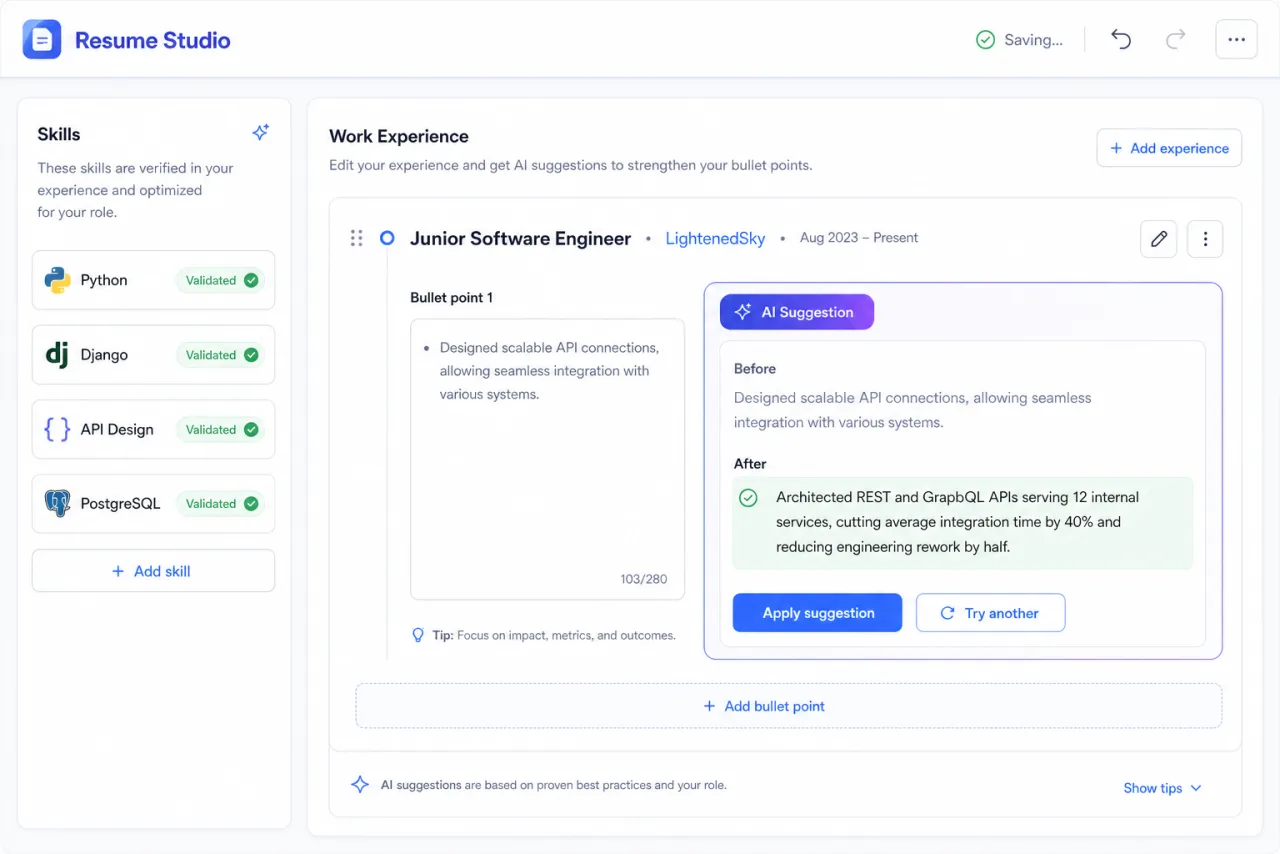 Resume Studio AI suggestion panel proposing a stronger, metrics-driven rewrite of a work experience bullet, with Apply and Try another buttons.