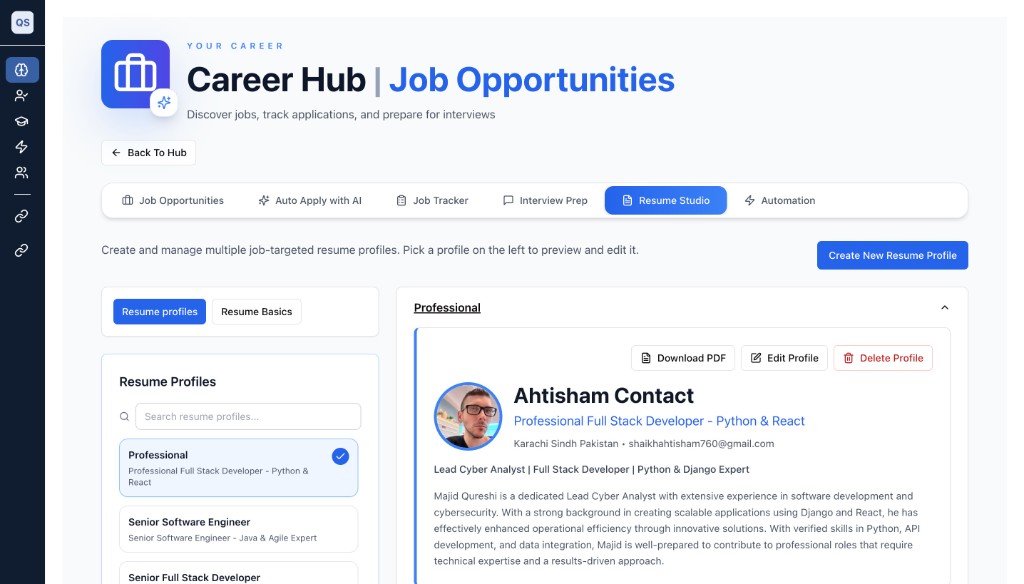 Resume Studio in Career Hub: select from multiple resume profiles tailored to security roles like SOC Analyst, Cloud Security Engineer, and Penetration Tester.