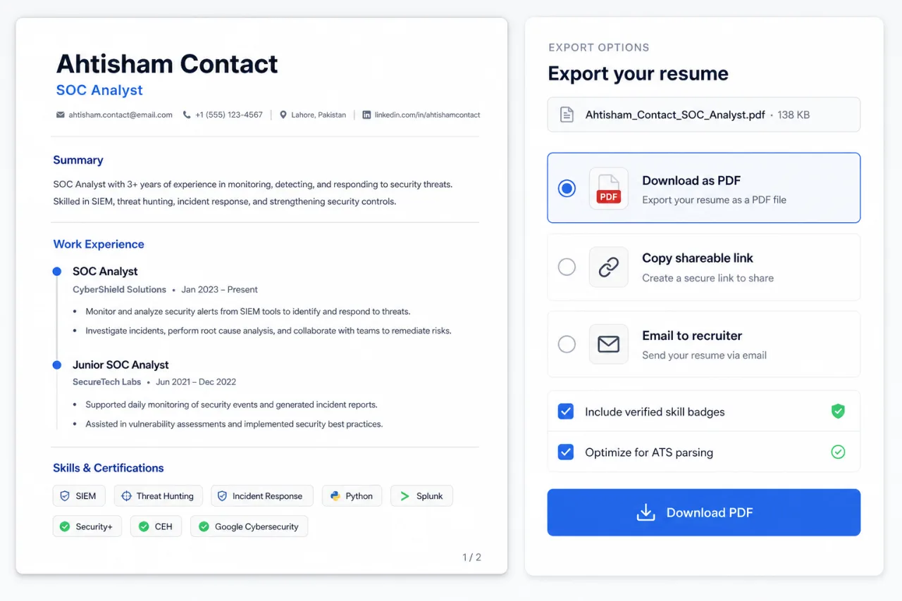Resume Studio export panel: PDF preview of a SOC Analyst resume next to download, shareable link, and email-to-recruiter options with ATS optimization toggles.
